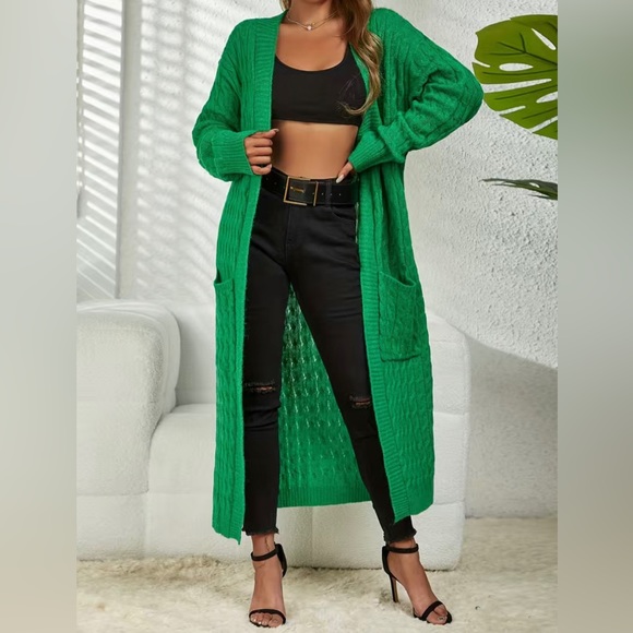 Green Plus Size Long Maxi Cardigan Cable Knitted Long Sleeve Open Front Sweater - Picture 1 of 10